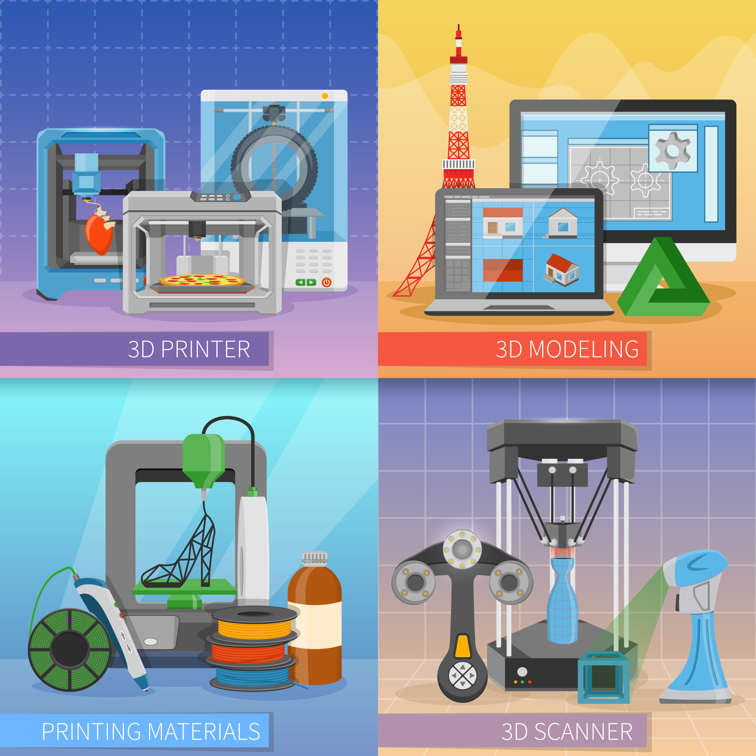3D printing 2x2 design concept with modeling scanner consumables and printer modifications compositions flat vector illustration